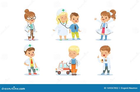 Doctors Set Of Girls In Various Poses Woman Doctor Nurse Health Worker With Different Objects