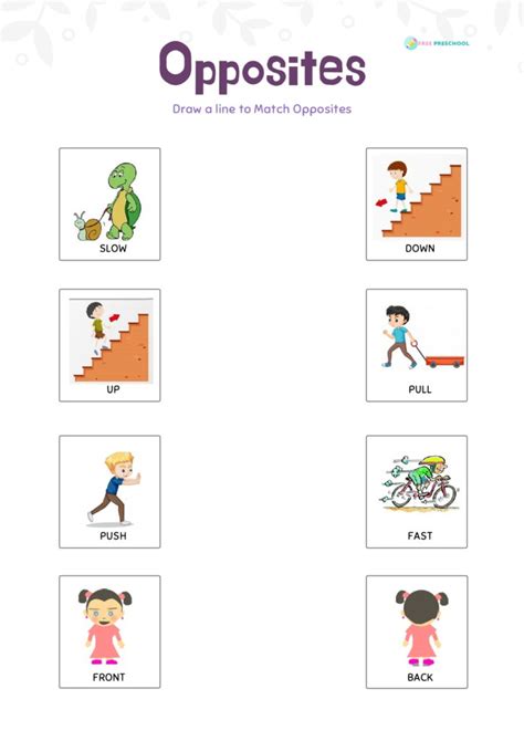 Opposite Words with Pictures Worksheets - Free Preschool