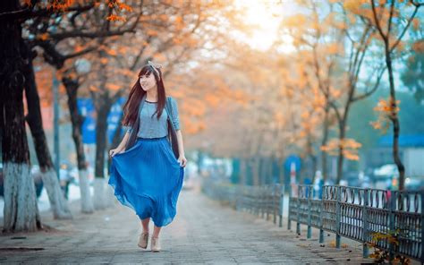 Wallpaper Asian Girl Skirt Walk City 2560x1600