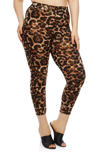 Plus Size Shimmer Knit Leopard Print Leggings BROWN Large Cheap Plus