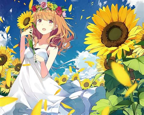 1280x1024 Anime Girl Summer Dress Sunflowers White Dress Wind