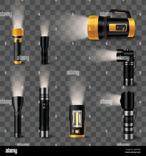 Led Flashlights With Light Beam Realistic Set On Transparent Background