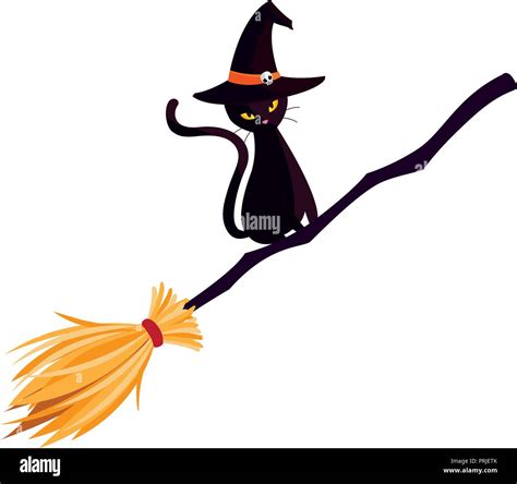 Halloween Black Cat With Witch Broom Vector Illustration Design Stock