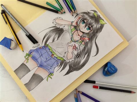 Anime Girl With Headphones Colored Pencils By Amana Hb