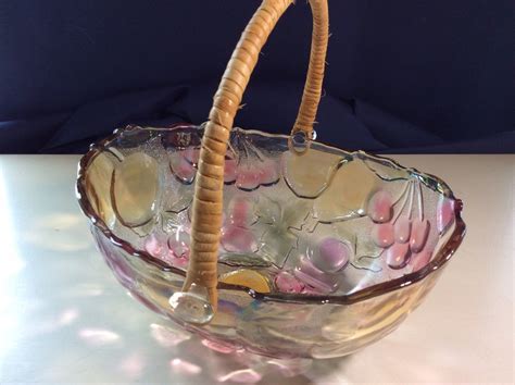 Vintage Indiana Glass Fruit Design Bowl With Wicker Handle Etsy