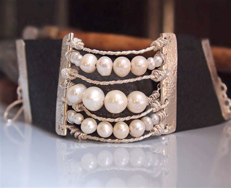 White Pearl Cuff Bracelet Wide Black Leather And By Serpilguneysu