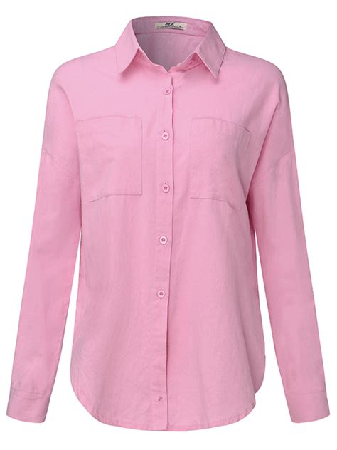 Find a range of smart formal long sleeve styles. Pink Women Turndown Collar Pocket Long Sleeve Button Up ...