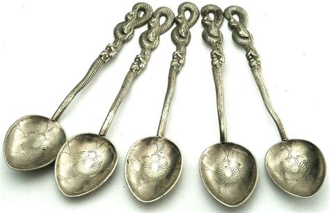 Antique Set Of 5 Japanese Sterling Silver Snake Spoons By Spoonier 95