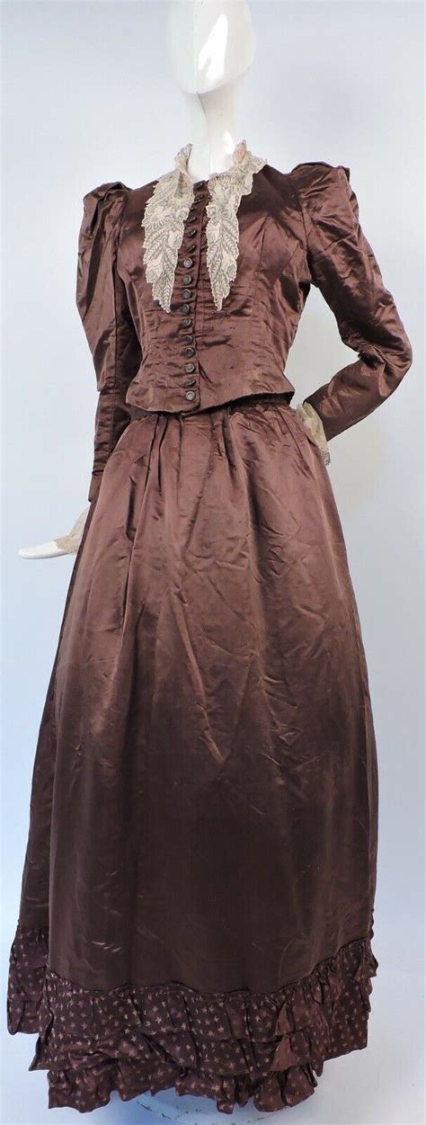 victorian 19th c brown silk satin bustle dress w lace trims ebay bustle dress brown silk