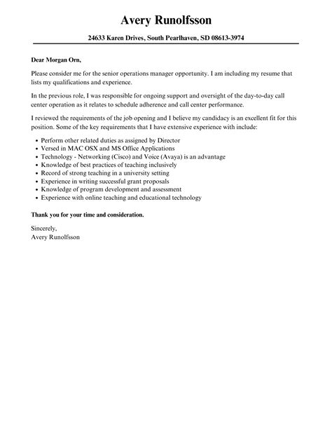 Senior Operations Manager Cover Letter Velvet Jobs