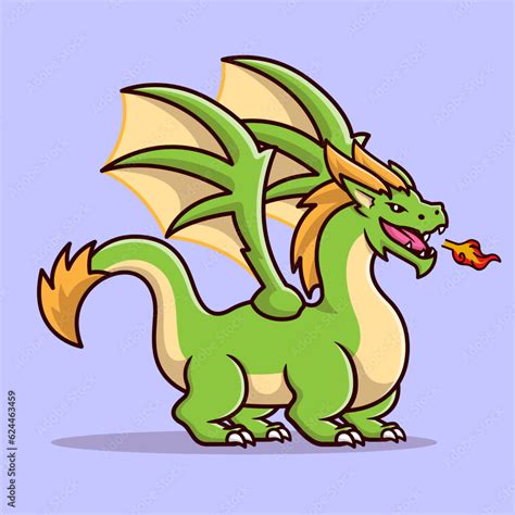 Cute Adult Green Dragon Spitting Fire Cartoon Vector Icon Illustration