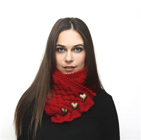 Hand Knit Red Scarf Neck Warmer Cowl Heart Shaped Buttons Knit