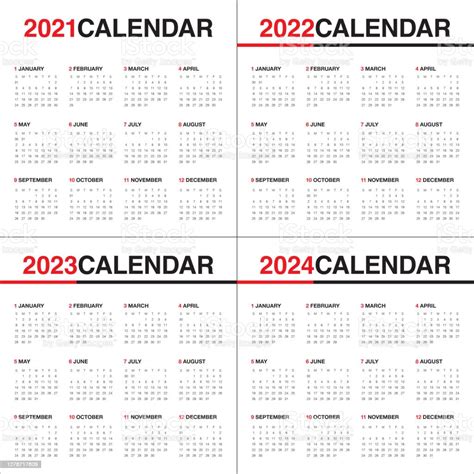 Year 2021 2022 2023 2024 Calendar Vector Design Template Arte