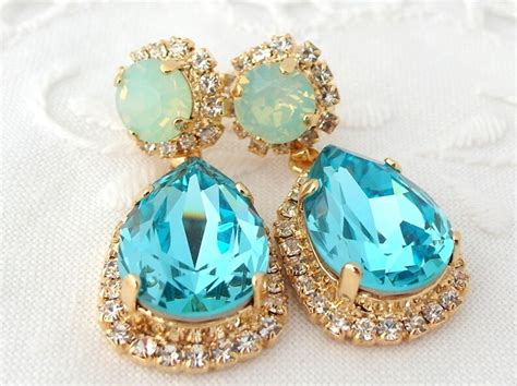 Teal And Mint Opal Chandelier Earrings Turquoise Seafoam Mint Etsy