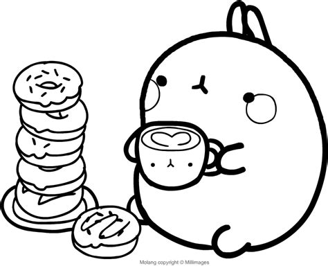 Molang wonderful adults and kids coloring books stress relieving. Molang molang having breakfast with donuts and milk ...