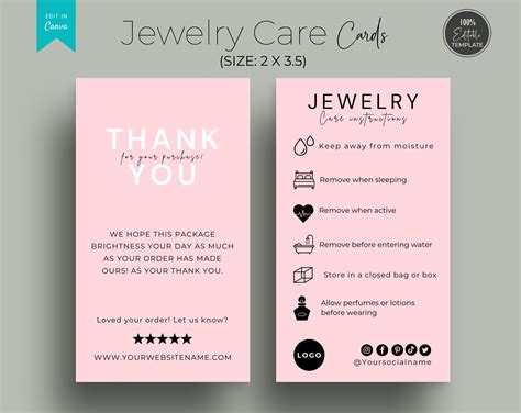 Editable Jewelry Care Card Template Printable Jewelry Etsyde