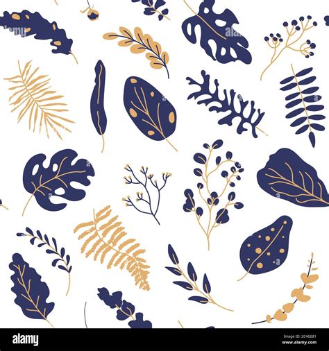 Tropical Leaves Gold Dark Blue Seamless Pattern Abstract Exotic Floral