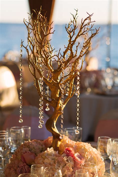 Gold Manzanita Trees With Hydrangeas And Roses Wedding Centerpieces