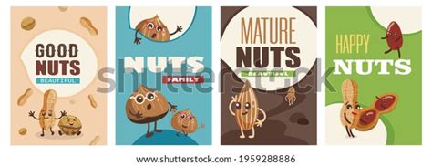 Set Funny Nuts Characters Posters Cartoon Stock Vector Royalty Free