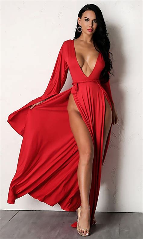 Wasted Love Extra Long Sleeve Plunge V Neck Tie Waist Double Slit Casual Maxi Dress Sold Out