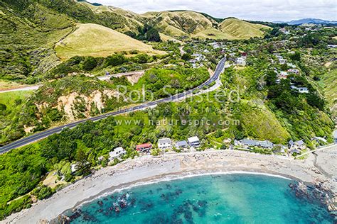 Brendan Beach At Pukerua Bay With State Highway One 1 Above Village