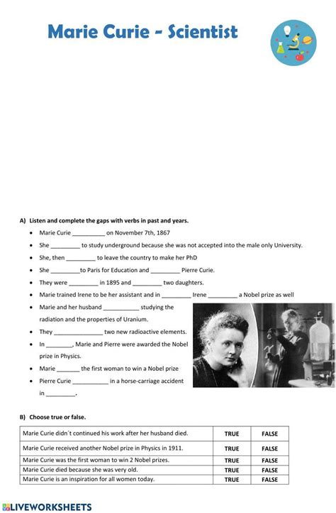Marie Curie Listening Past Simple Worksheet Live Worksheets