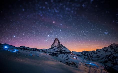 Mountain Peak Stars Sky Night Light Snow Wallpaper Nature And