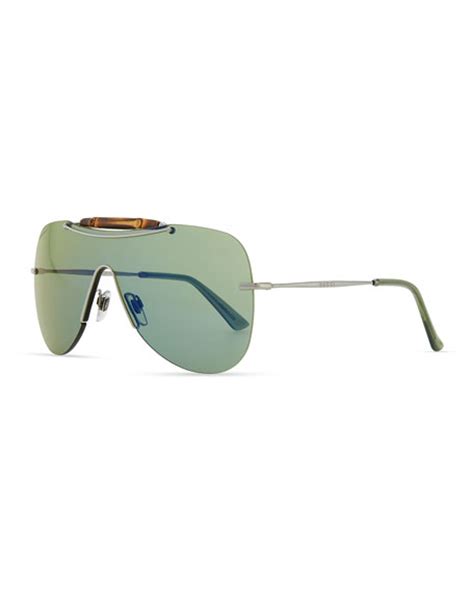 gucci metal shield sunglasses with bamboo silver blue
