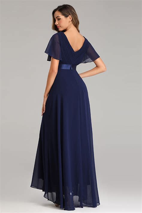 Flowy Chiffon Dark Navy Blue Prom Dress With V Neck Ruffled Sleeve