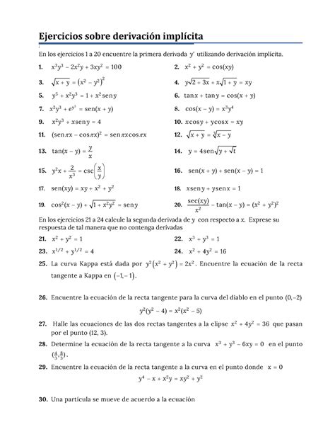 Ejercicios Derivacion Implicita Ejercicios Sobre Derivaci N Impl Cita