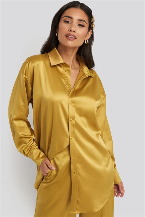 Na Kd Longline Satin Shirt Yellow Modesens Women Shirts Blouse Satin Shirt Outfit Satin