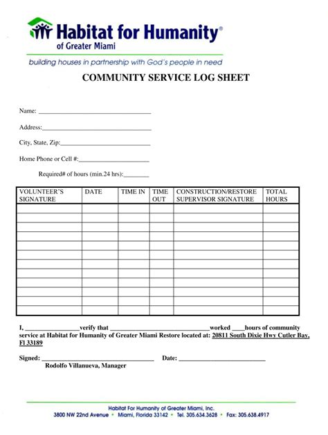 Community Service Sign In Sheet Printable