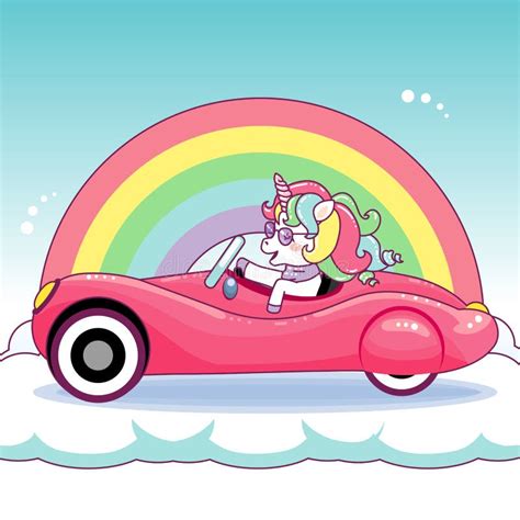 Cute Unicorn Driving A Pink Shiny Vintage Car Stock Vector