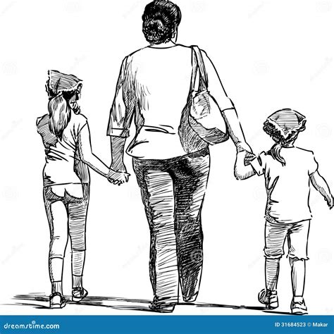 A Mother And Two Daughters Walking Silhouette Vector Cartoondealer