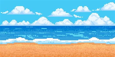 Pixel Mar Paisagem Bit Sol Praia Com Onda Nuvem E Areia Jogo Ver O Oceano Panorama Nublado C U