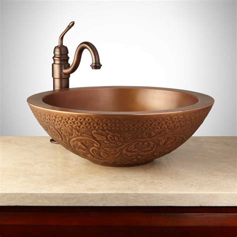 This vanity is considered timeless and offers a unique look in your bathroom aria. Mahala Round Embossed Copper Double-Wall Vessel Sink ...