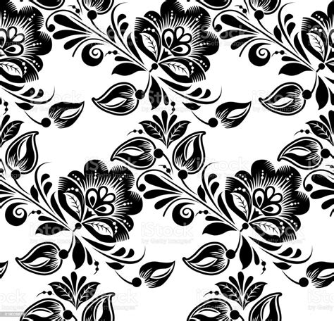 Lace Black Seamless Pattern With Flowers On White Background Stock
