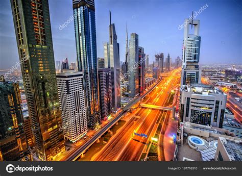 Dubai Sunset Panoramic View Burj Khalifa Sheike Zayed Road Dubai Stock