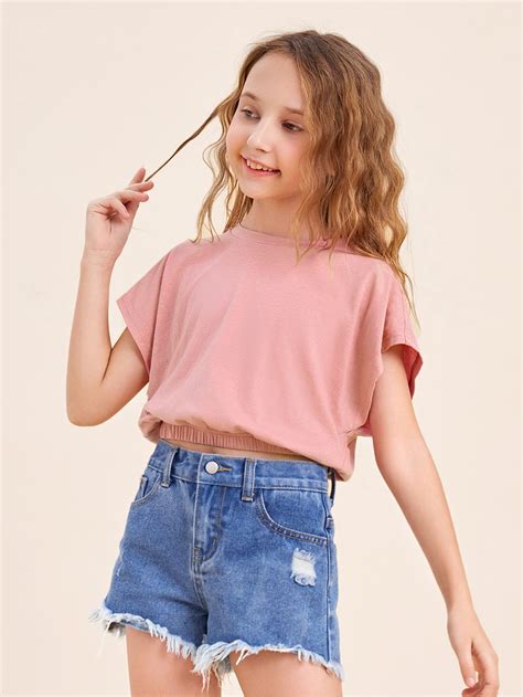 Dusty Pink Casual Short Sleeve Polyester Plain Embellished Slight Stretch Summer Girls Clothing