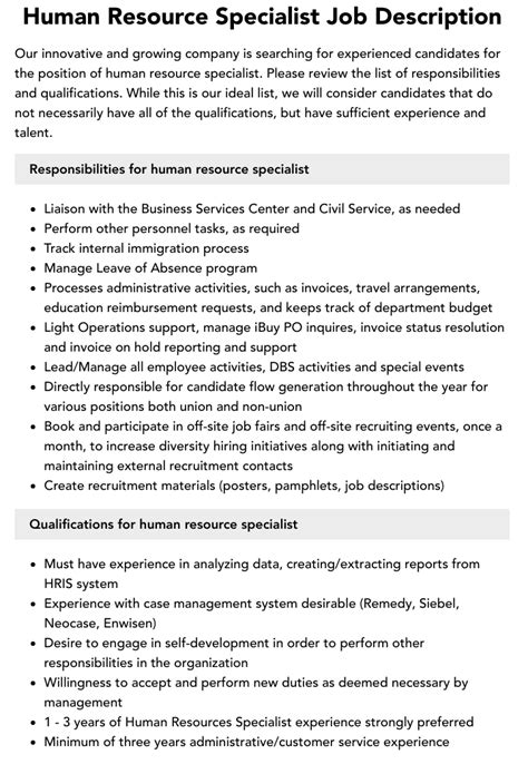 Human Resource Specialist Job Description Velvet Jobs