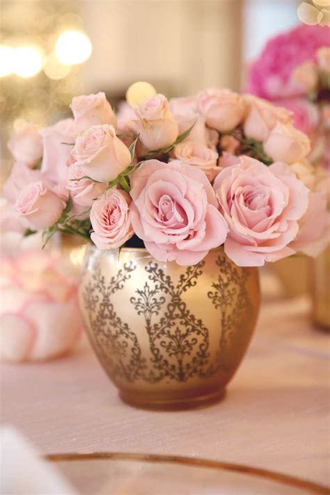 Gold Centerpiece Vase Rose Floral Arrangement Light Pink
