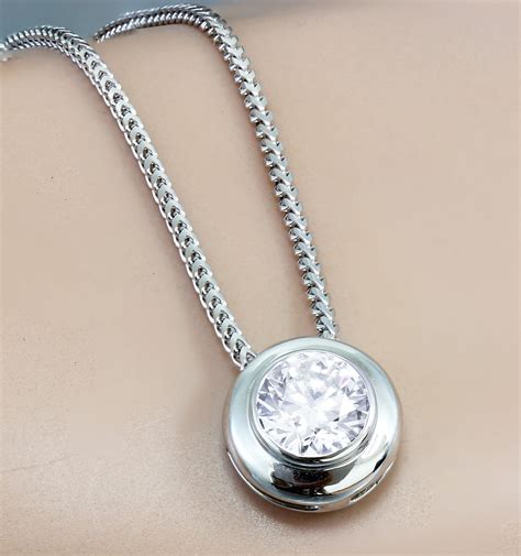 14k White Gold Round Diamond Bezel Solitaire Necklace And Etsy