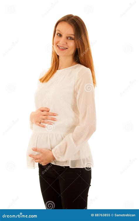 Beautiful Pregnant Woman Holding Belly Isolated Over White Background Stock Image Image Of