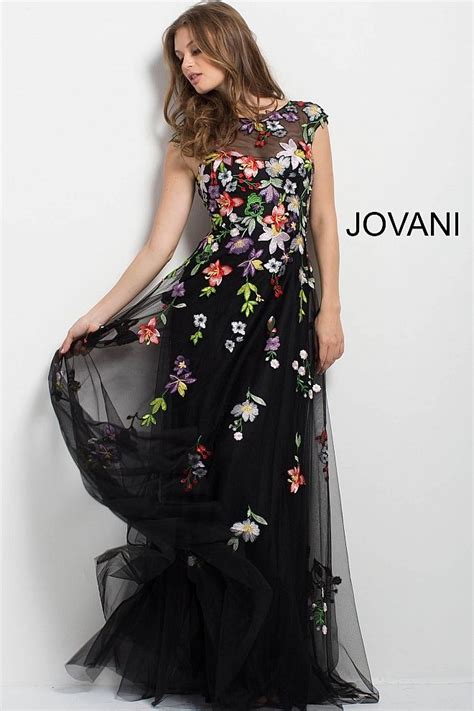 Jovani Black Multi Color Floral Embroidered A Line Gown Modesens