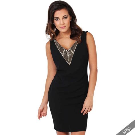 Womens Low Cut Jewelled Plunging V Neck Open Back Bodycon Mini Dress