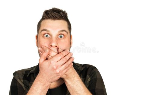 Young Guy With Beard Close His Mouth With His Hands Isolated On White