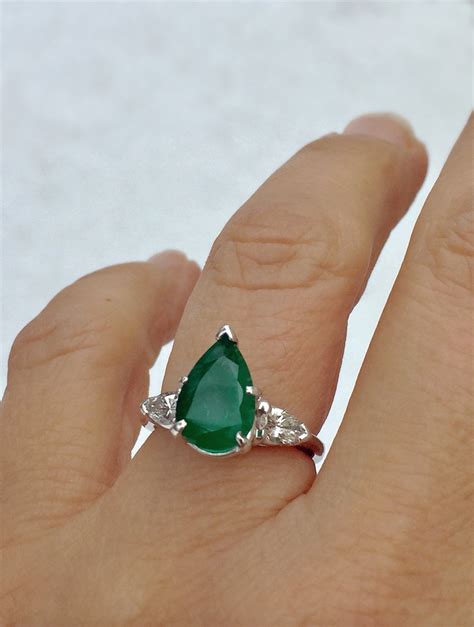 Antique Platinum Emerald And Diamond Engagement Ring 3 Stone Pear Shape