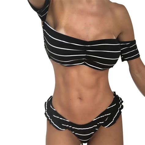 1set women summer sexy bikinis set swimwear push up padded stripe ruffles bra swimsuit beachwear