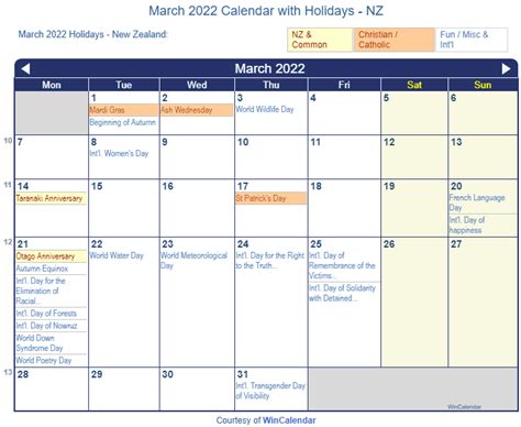 Print Friendly March 2022 New Zealand Calendar For Printing