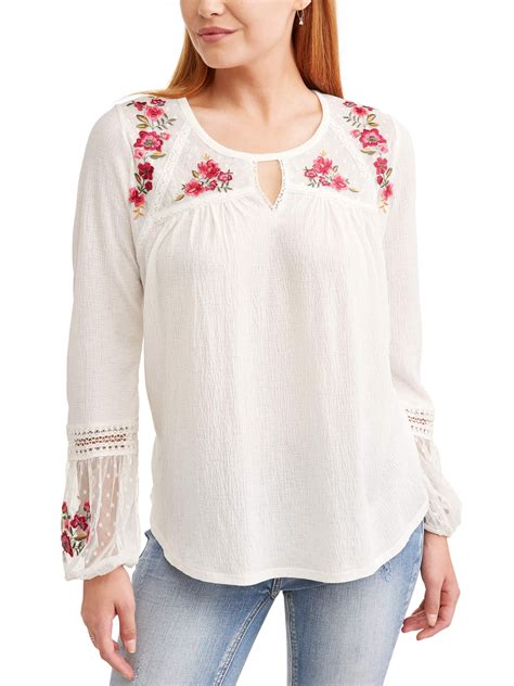 Time And Tru Womens Embroidered Peasant Top